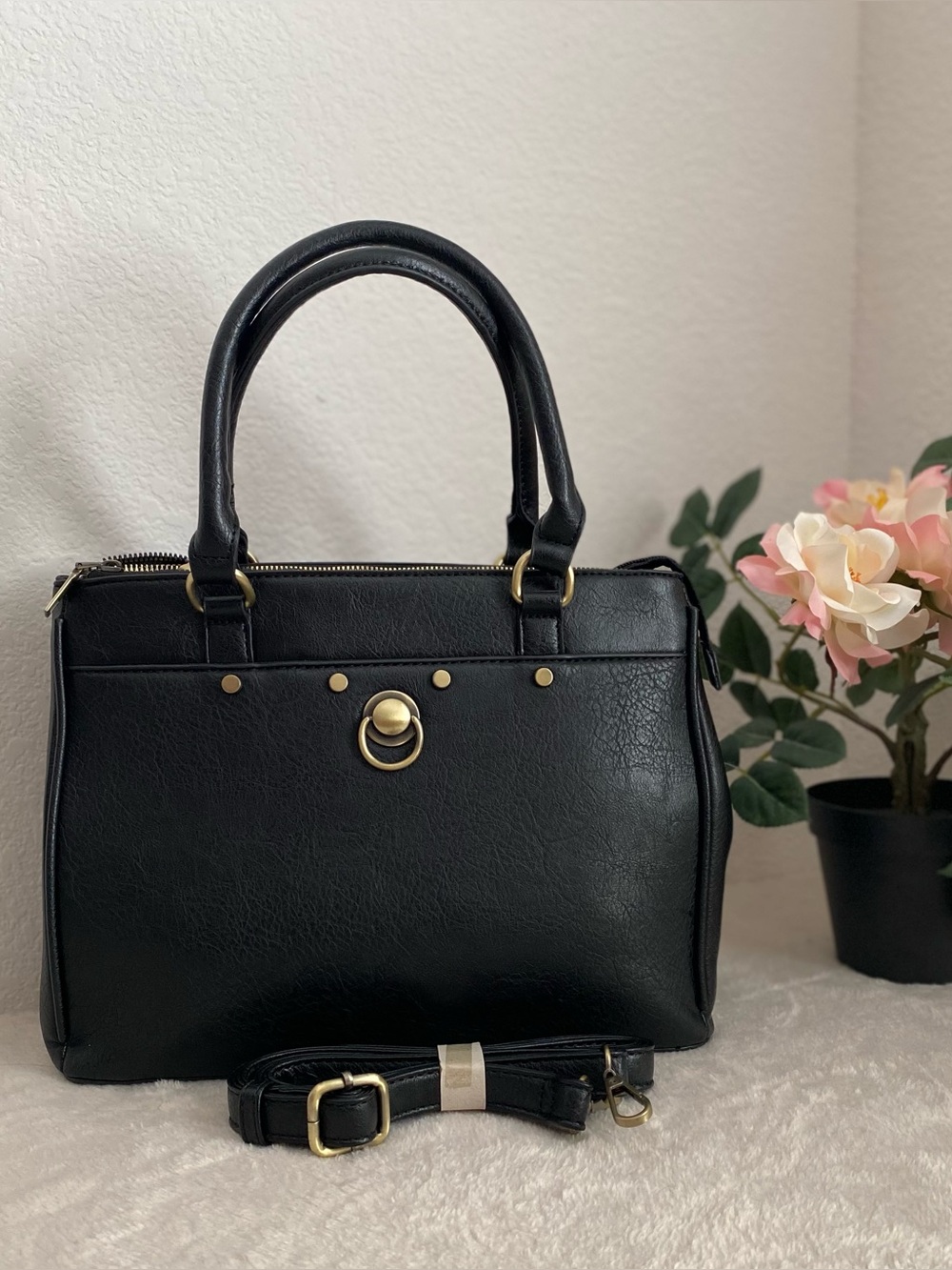 Black Structured Satchel Handbag with Gold Hardware